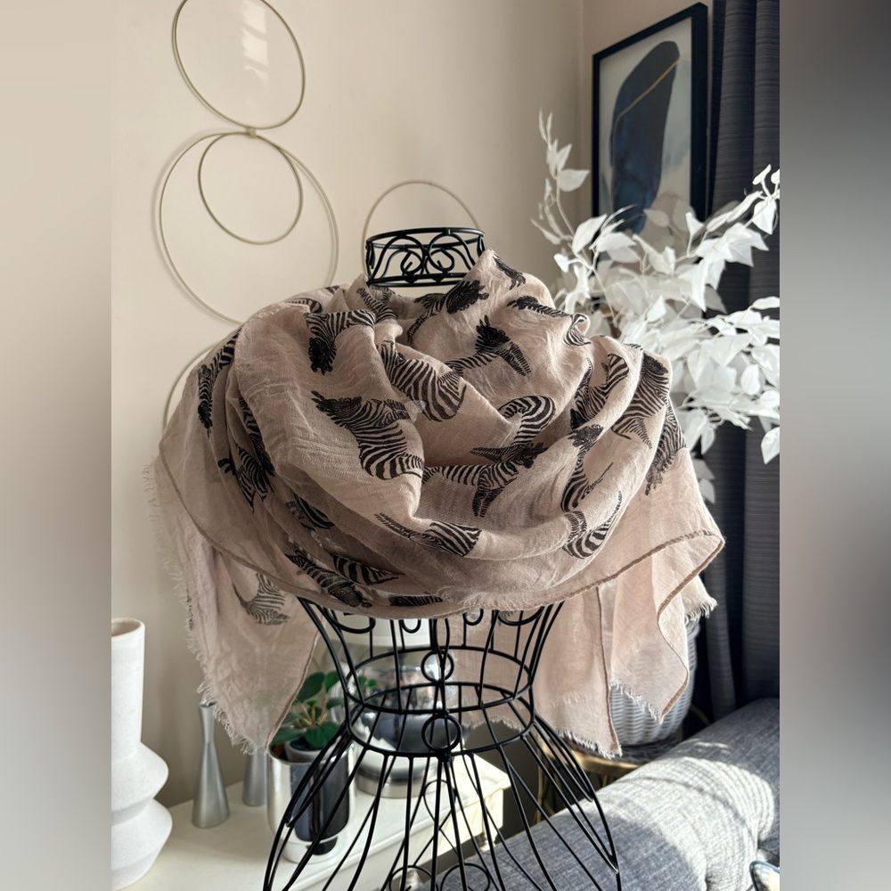 NWT Tickled Pink Black & Tan Zebra Print Wrap Scarf Size 27”x 76” - Picture 4 of 10